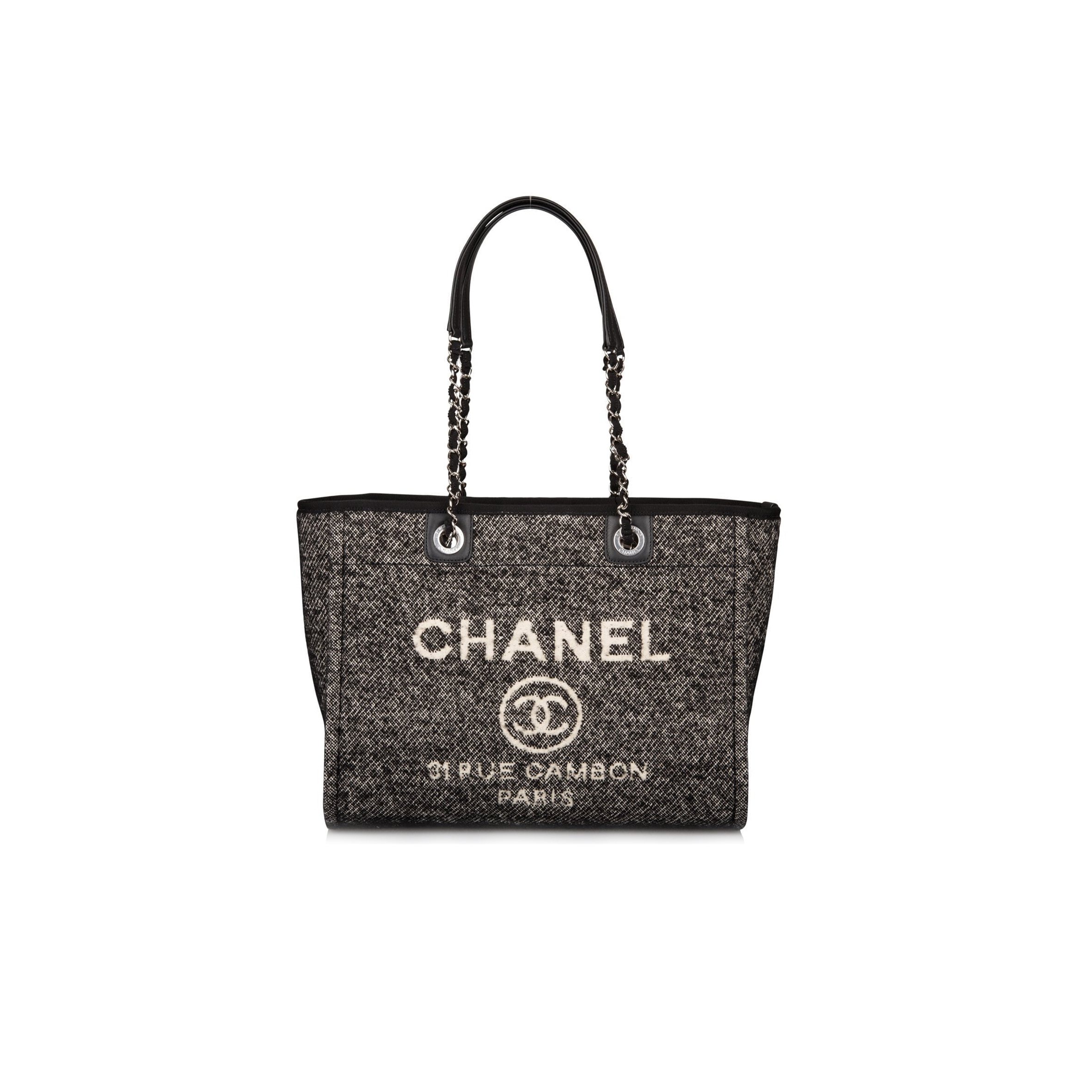 CHANEL SMALL DEAUVILLE SHOPPING BAG BLACK WOOL SILVER HARDWARE  (35*27*16cm)